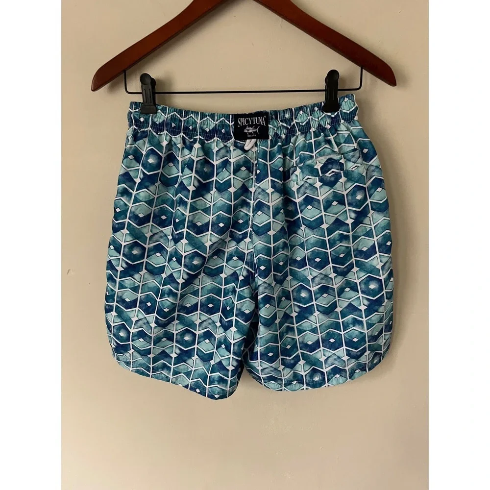 Spicy Tuna Mens Blue Geometric Hexagon Print Swim Trunks Mesh Lined Small